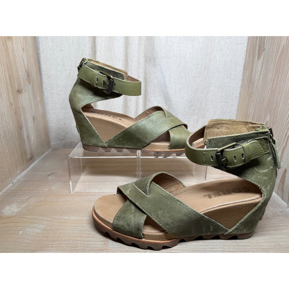 Sorel Joanie II Ankle Strap Wedge Sandals Sage Green Leather NL2831-389 Womens 9